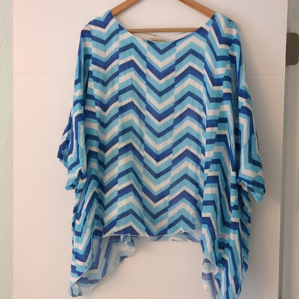 Chevron Patterned Blue & White Mediterranean Linen Vacation Beach Lagenlook Top